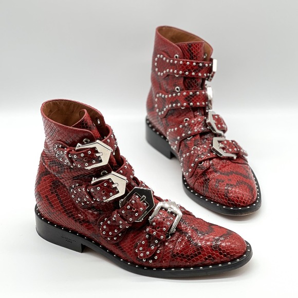 GIVENCHY Prue Ankle Boots Womens 35.5 Red Black Python Studded Buckle Bootie - Picture 1 of 12